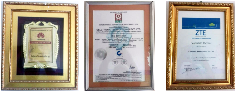 Framed certificates and awards for Celltronic Telesolutions including ISO certification and industry partner awards